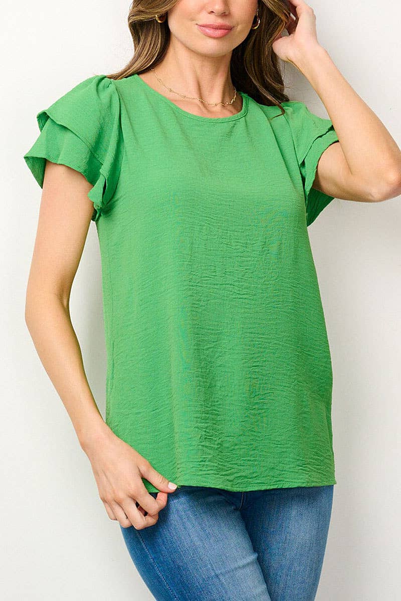 SHORT RUFFLE SLEEVE SOLID BLOUSE TOP