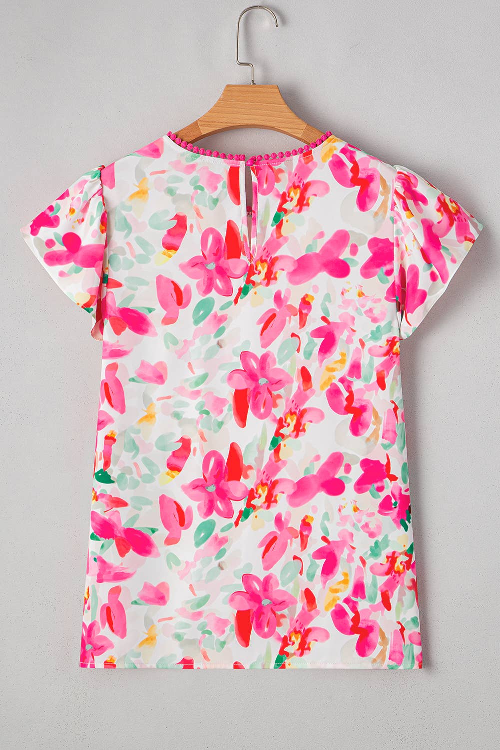 Dianne Rose Floral Print Flutter Sleeve Round Neck Casual Blouse